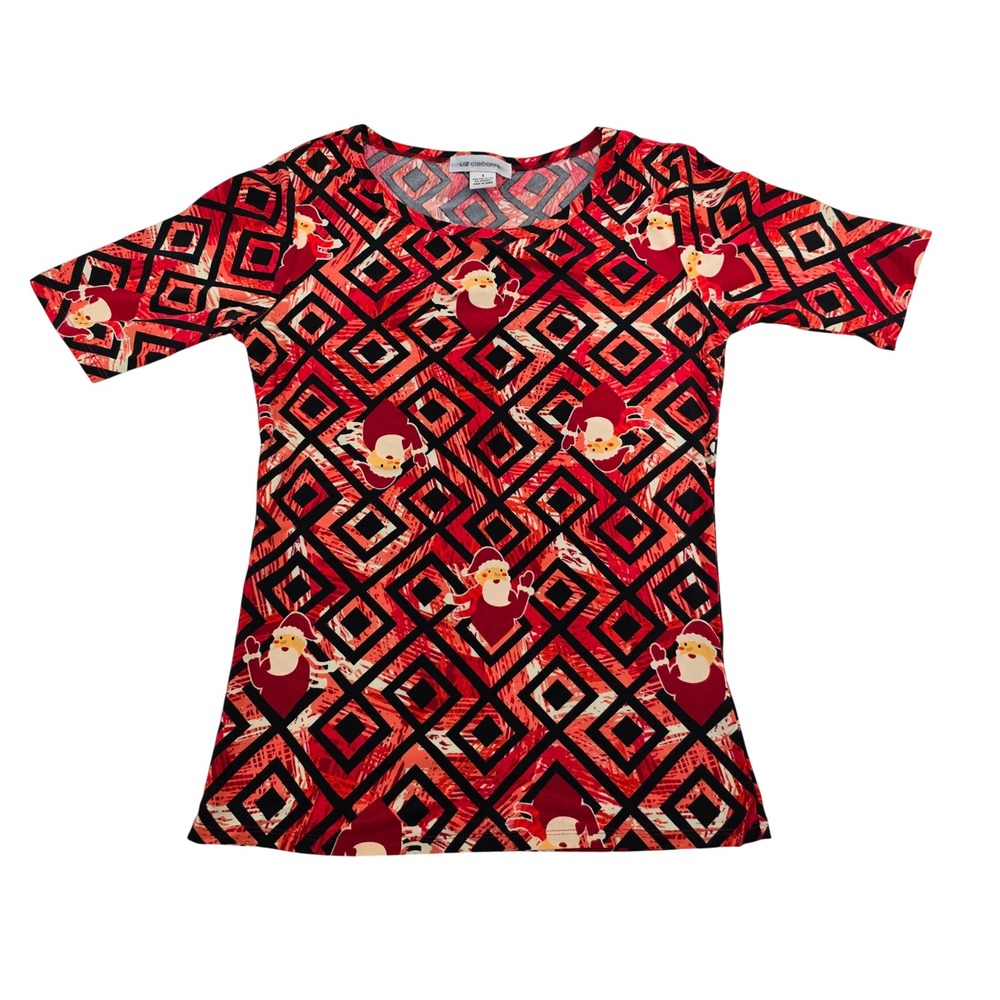 Liz Claiborne Womens Small Red Santa Claus Geometric Print Short Sleeve Top NWOT